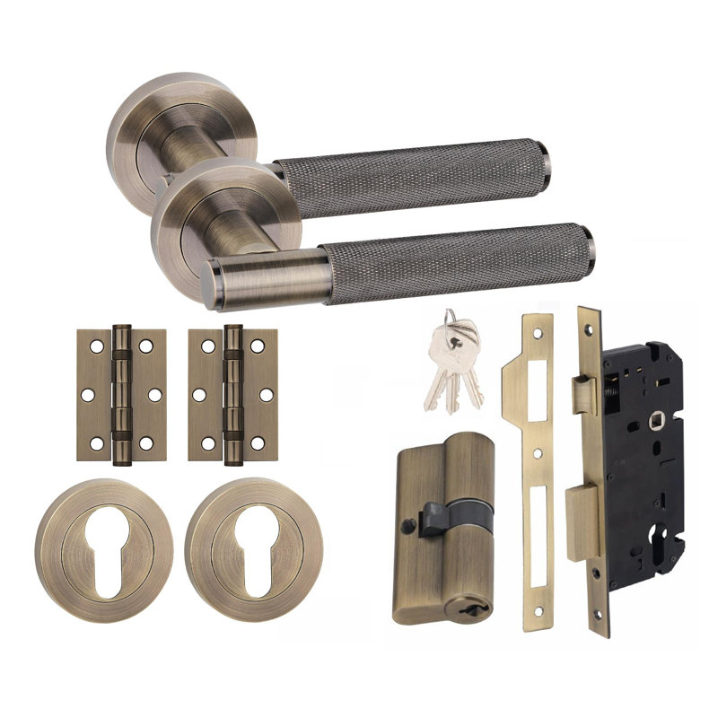  Straight T-Bar Knurled Euro Lock Door Handle Set Antique Brass with 70mm Key, Hinges and Deadbolt