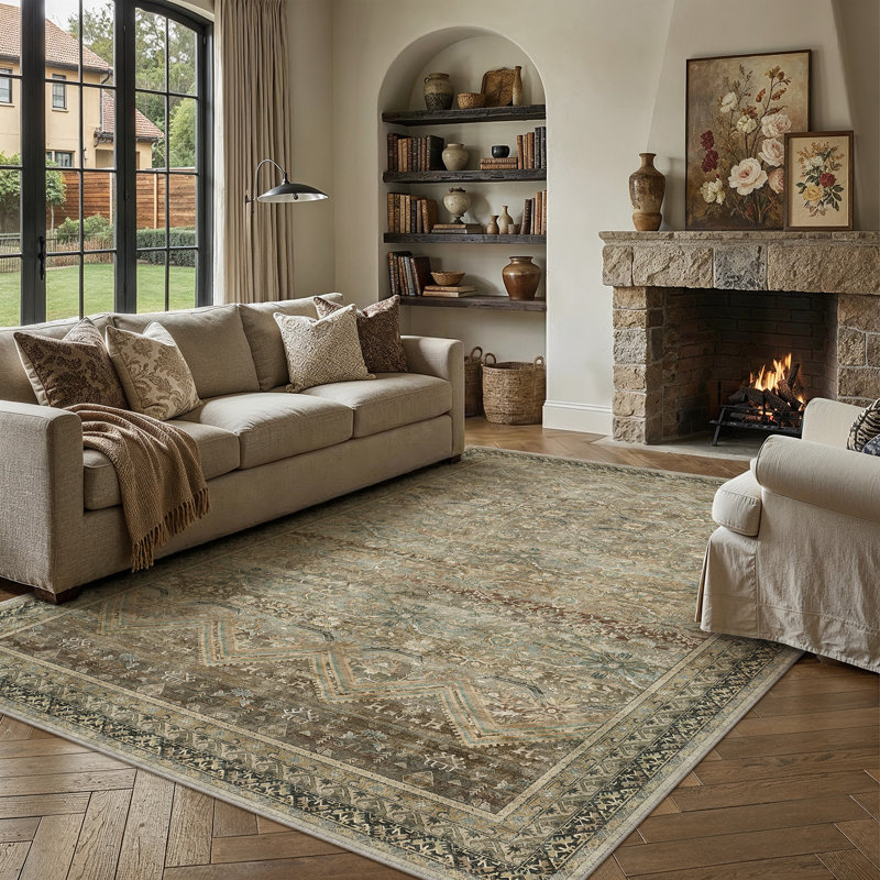 Tapis oriental à envers antidérapant Vesper, Marron foncé, Rectangle 6 pi x 9 pi