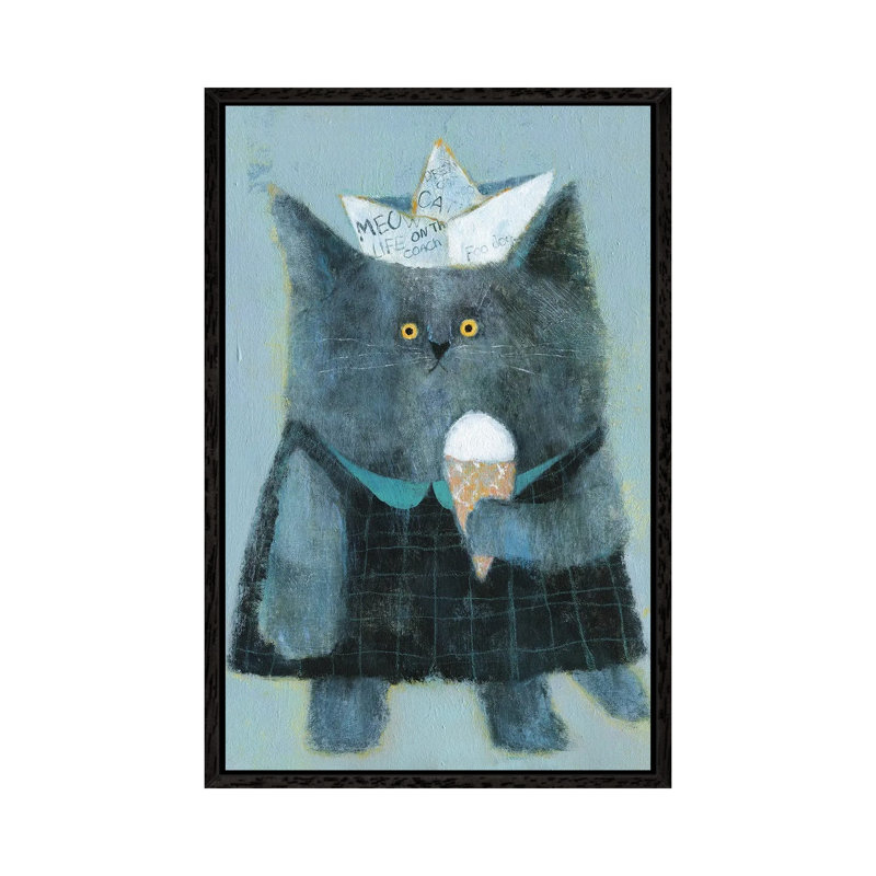 The Cat With Paper Hat And Icecream by Natalia Shaloshvili - Painting on Canvas, Black Framed