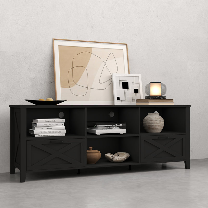 70" Farmhouse TV Stand for TV up to 80" With Lights, Black