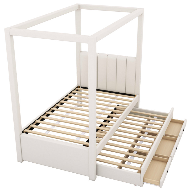 Lit simple beige avec baldaquin, lit gigogne et 3 tiroirs de rangement sous le lit, Lit simple