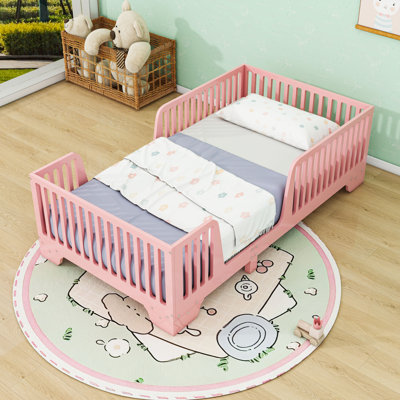 Wooden Floor Bed With Safety Guardrails Removable Doors And Center Legs