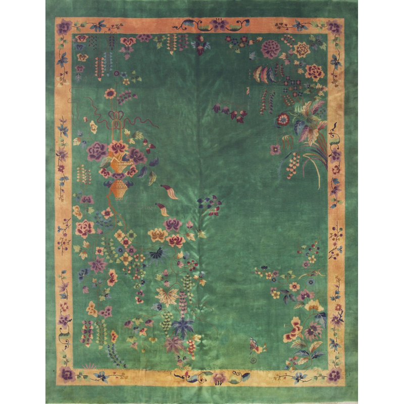 Antique Large Room Size Chinese Art Deco Hand Knotted Pile Green Rug