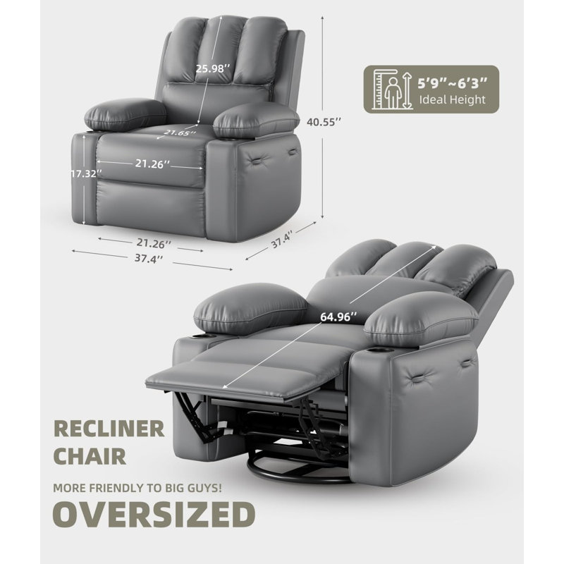 37.4" Oversized Manual Recliner with Heat and Massage, 360 Swivel Rocking Chair 21.3" Seat with Cup Holder, Grey