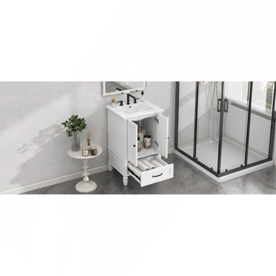 Meuble-lavabo de 20 po avec lavabo, armoire de salle de bain avec deux portes, butoir de porte magnétique et patins réglables, tiroir blanc