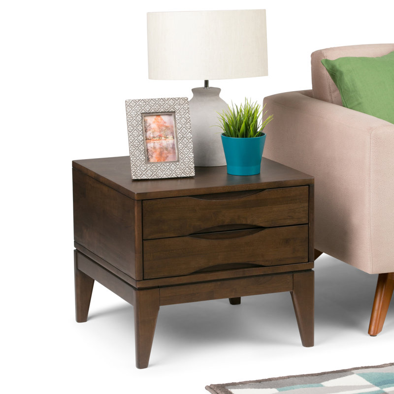 Table de bout moderne Mid-Century en bois massif avec 2 tiroirs Harper, Noyer brun