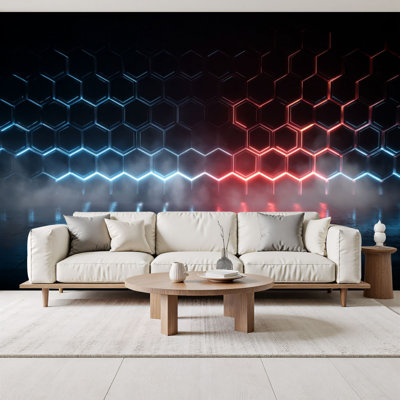 Futuristic 3D Peel and Stick Wallpaper Technological hexagonal blue neon illumination Accents Wall Murals 69"H x 96"W Removable PVC Wall Paper Self-Adhesive Wall Paintings Art Decor for Boys Bedroom Play Room Men Cave