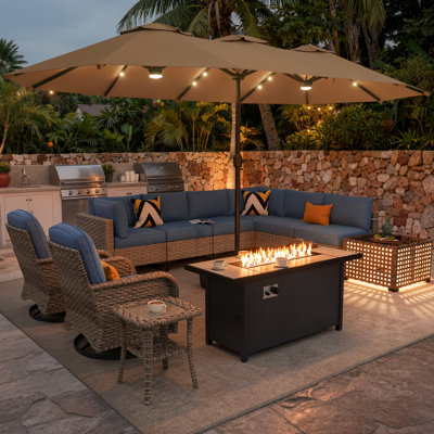 12-Piece Outdoor Patio Furniture Set with 54" Fire Pit Table, Solar Light Coffee Table & 14.5 FT Double-Sided Umbrella with Base, PE Wicker Seating for 8