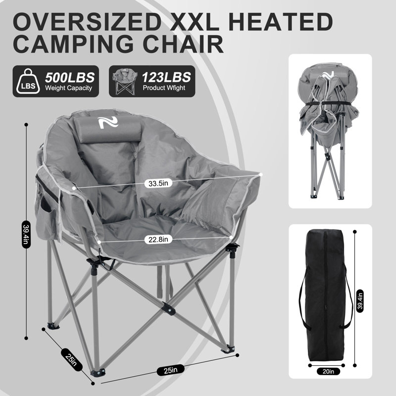 Oversized Portable Heated Camping Chair With Pillow, Heated Foldable Chair Seat Supports 500 Lbs, Gray