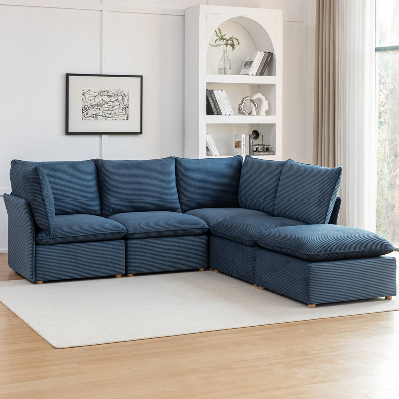 Hepworth Dejohn Corduroy Sectional Sofa With Ottoman, 36" H x 125" W x 62.5" D, Blue Corduroy