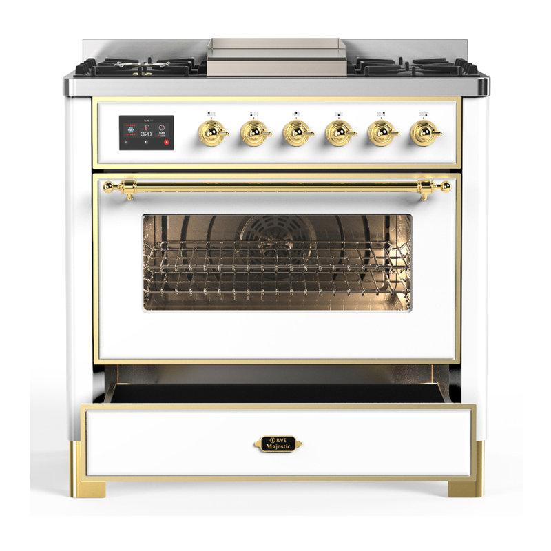 Majestic III Series 36 Inch Dual Fuel Range with 6 Sealed Burners, Griddle, in Glossy Black (Natural Gas, Brass Trim), White