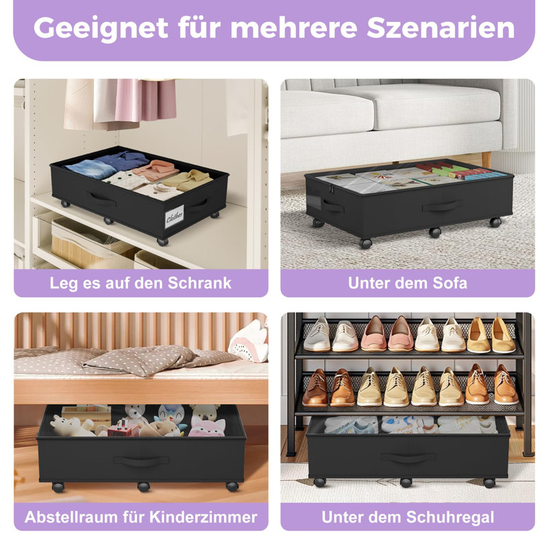 2-Pack Under Bed Storage Organizer With Clear Zippered Lid, Foldable Rolling Underbed Drawers On 6 Wheels, Space Saving Clothes, Shoes, Toy Storage For Bedroom, Dorm, Closet