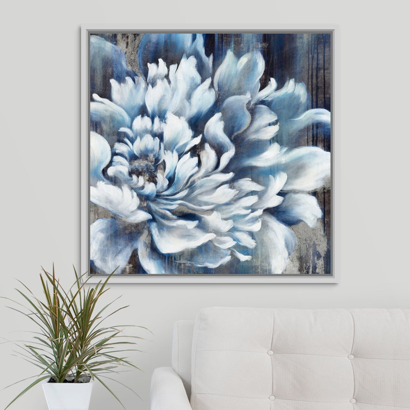 « indigo fleur iv », reproduction d’art sur toile, H 31,7 po x l 31,7 po x p 1,75 po, Cadre flottant blanc