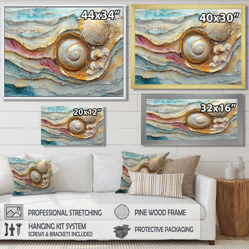 Coquillage et sable émeraude III - bord de mer, art mural, H 16 po x l 32 po, Cadre simple, Noir
