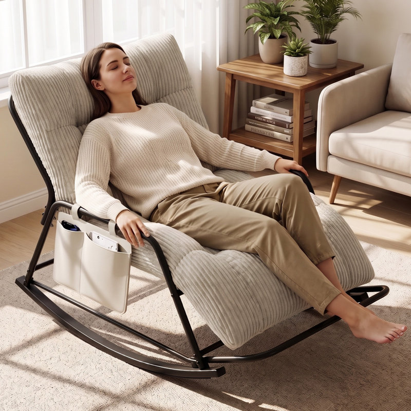 Fauteuil à bascule Papasan surdimensionné avec coussin épais en velours côtelé sur toute la longueur, repose-pieds et poche de rangement, fauteuil d'appoint extérieur pour chambre, salon ou balcon, beige