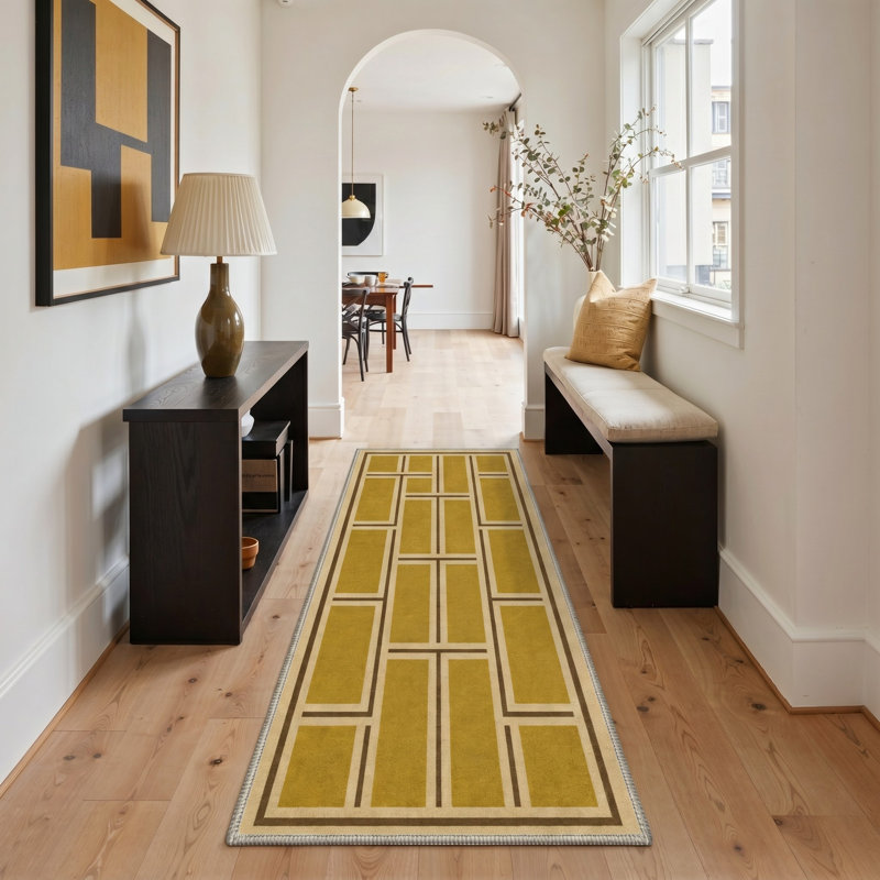 Tapis de couloir géométrique jaune / brun clair lavable à la machine avec envers antidérapant
