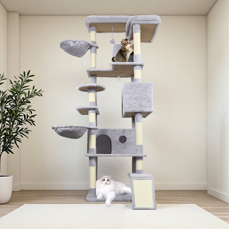 Tour pour arbre à chat de 84 pouces avec grattoir, grand et stable pour plaisir félin gris, tour pour chat, condos multiples, poteaux à griffer, plateforme supérieure, assemblage facile, propriétaires