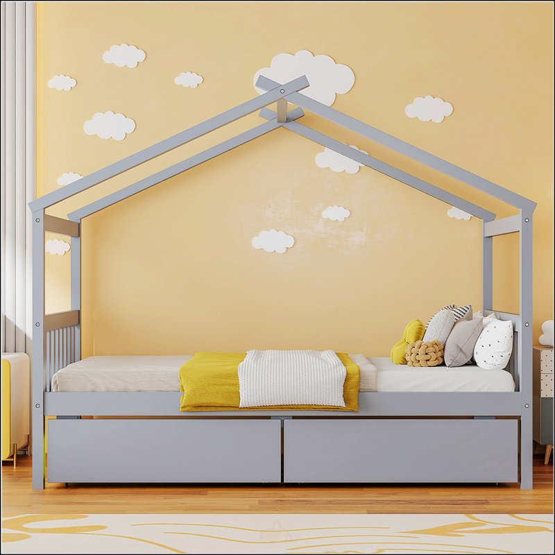 Lit simple en bois avec tiroirs, Gris, Lit simple