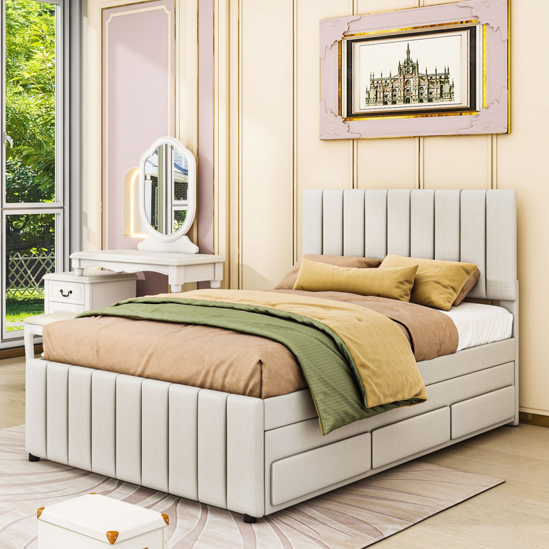 Lit plateforme tapissier avec lit gigogne et tiroirs de rangement, Beige, Double