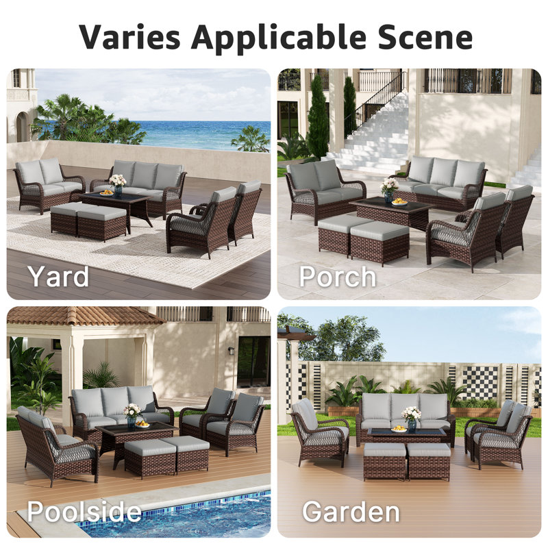 Ensemble de conversation pour patio 7 personnes avec coussins, 7 pièces: canapé, causeuse, 2 chaises, 2 repose-, Gris clair