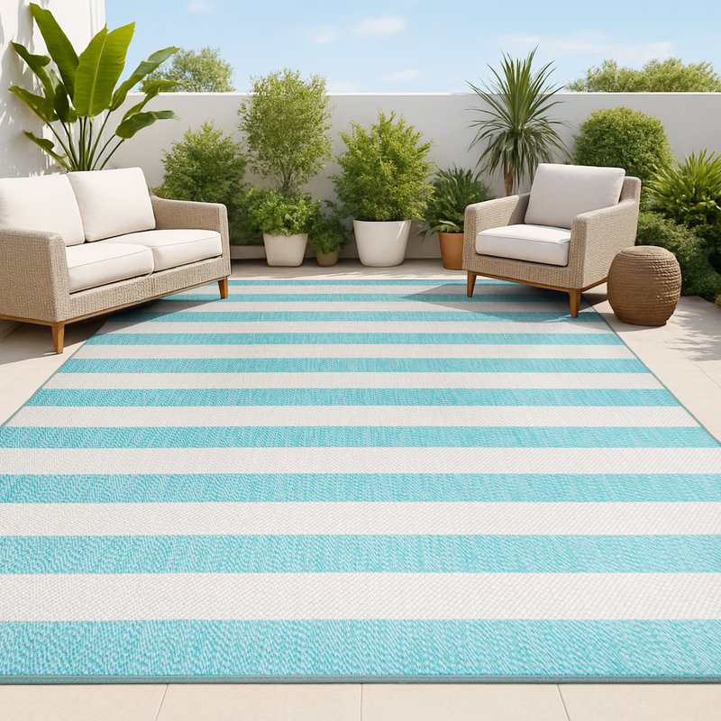Claren Two-Tone Wide Stripe Aqua/Cream Indoor/Outdoor Rug, Rectangle 2'11" x 5'