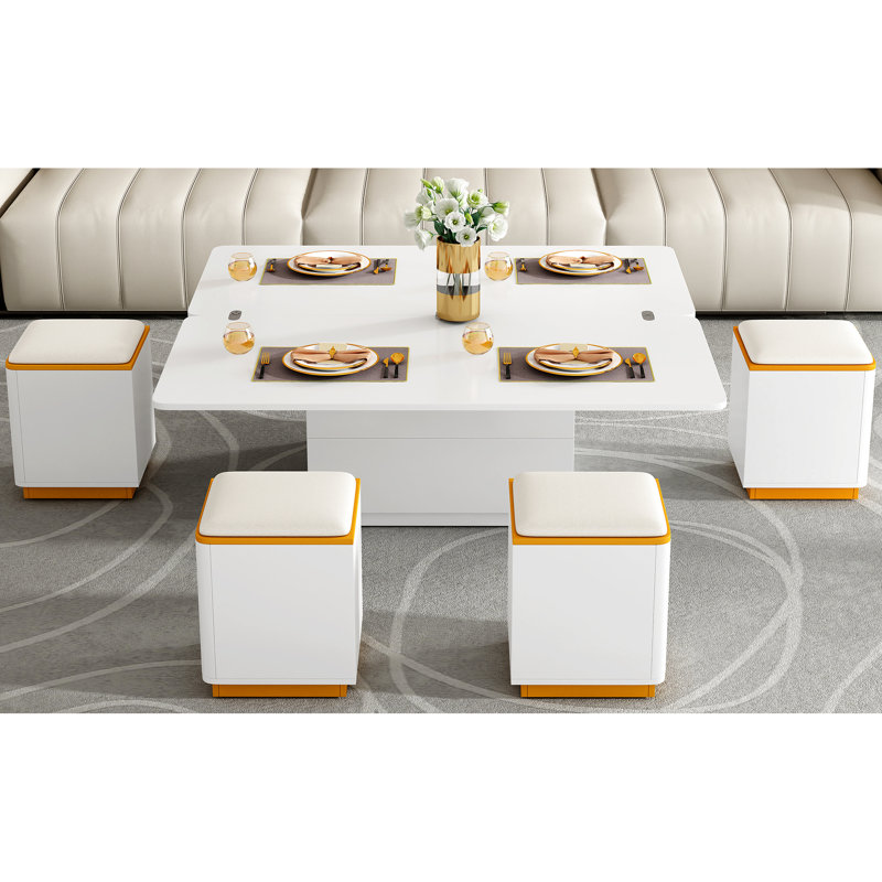 Élégante table basse à plateau relevable avec 4 tabourets de rangement, palette de couleurs blanche et dorée, 3 configurations pour une finition moderne et polyvalente ultrabrillante relaxante, modes repas de famille au bureau