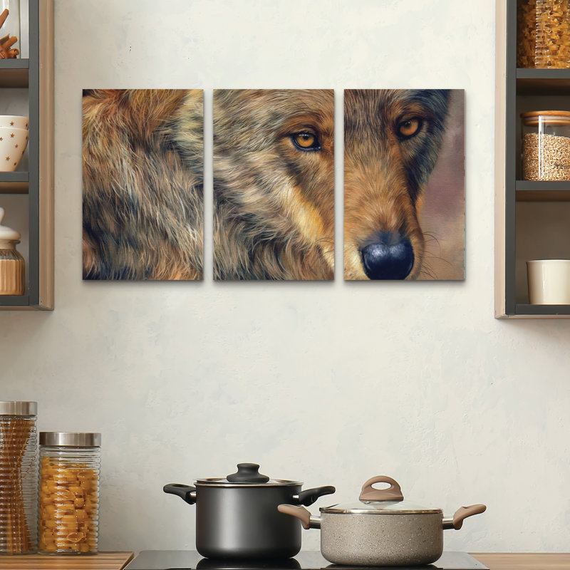 Ensemble de 3 panneaux muraux - David Stribble «loup portrait», art mural sur toile pour le salon, la chambre à coucher ou le bureau 