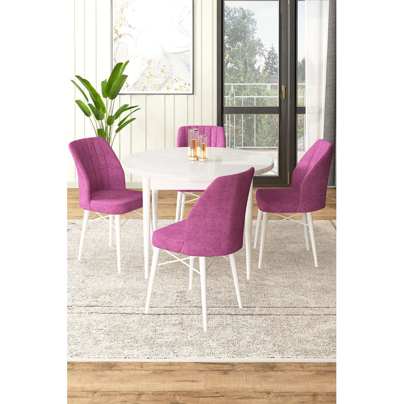 Ensemble de table et chaises de salle à manger moderne 5 pièces, blanc et mauve | Table en carton 100% mélaminé (35,4 x 29,5 x 35,4 po) avec pieds en bois et chaises à structure en métal (17,7 x 36,6 x 16,5 po) | Sièges en mousse confortables, design élégant et durable