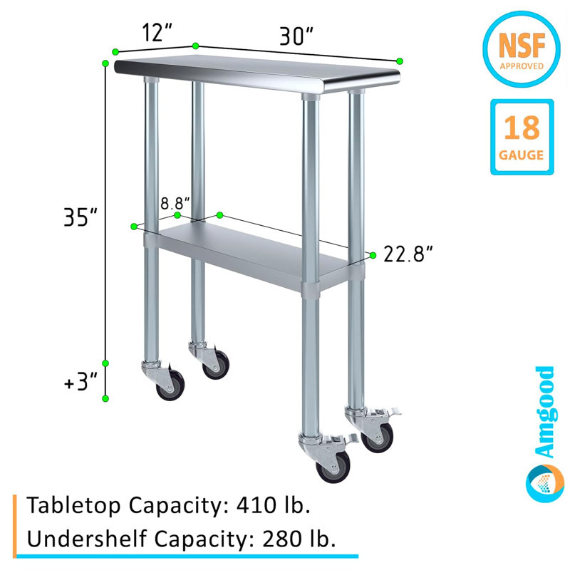 Table en acier inoxydable avec roulettes, H 38 po x L 12 po x l 30 po