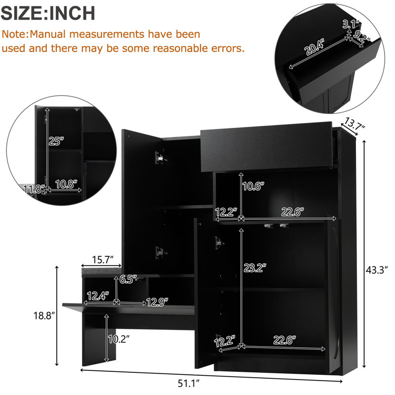 Banc de chaussures exquis avec tablettes réglables et tablettes noires, Noir