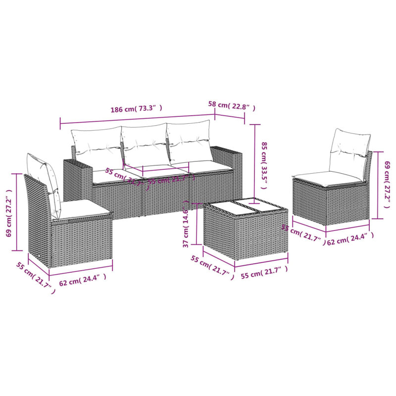  Ensemble de canapé de patio 6 pièces avec coussins en rotin de polyester gris, Bleu clair, Noir