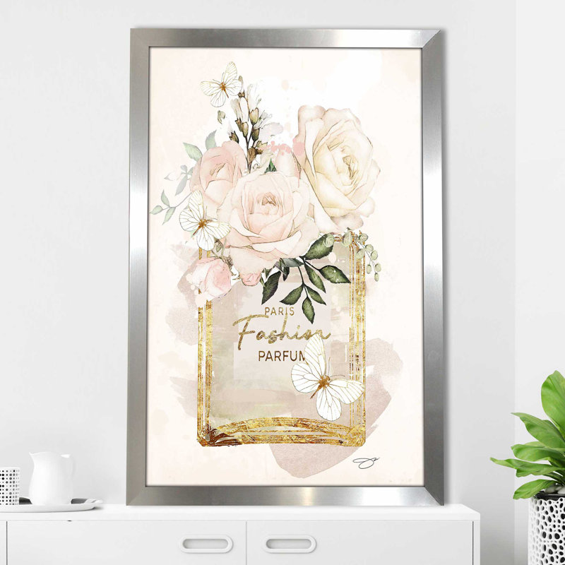 «Parfum Bottle, Flowers & Butterflies (Cream) (Vertical)» par By Jodi - impression, Encadrement argenté