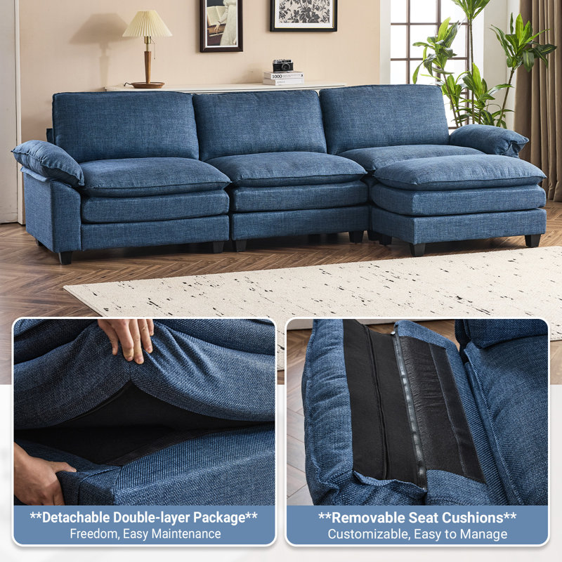 Avrilynn Upholstered Cloud Sofa&Couch with Ottoman, Blue Polyester, 120"W x 32.3"D x 33.5"H (3-Seat)