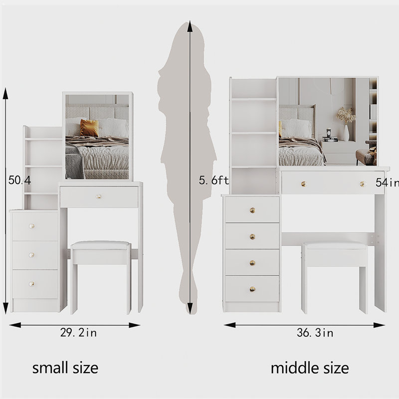 29.2" Small Space Left Bedside Cabinet Vanity Table + Cushioned Stool,Extra Large Right Sliding Mirror,Multi Layer High Capacity Storage,Practical Fashionable Dresser,Suitable for Small Space