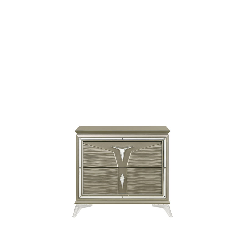 Table de chevet 2 tiroirs de style moderne en bois et accents en miroir