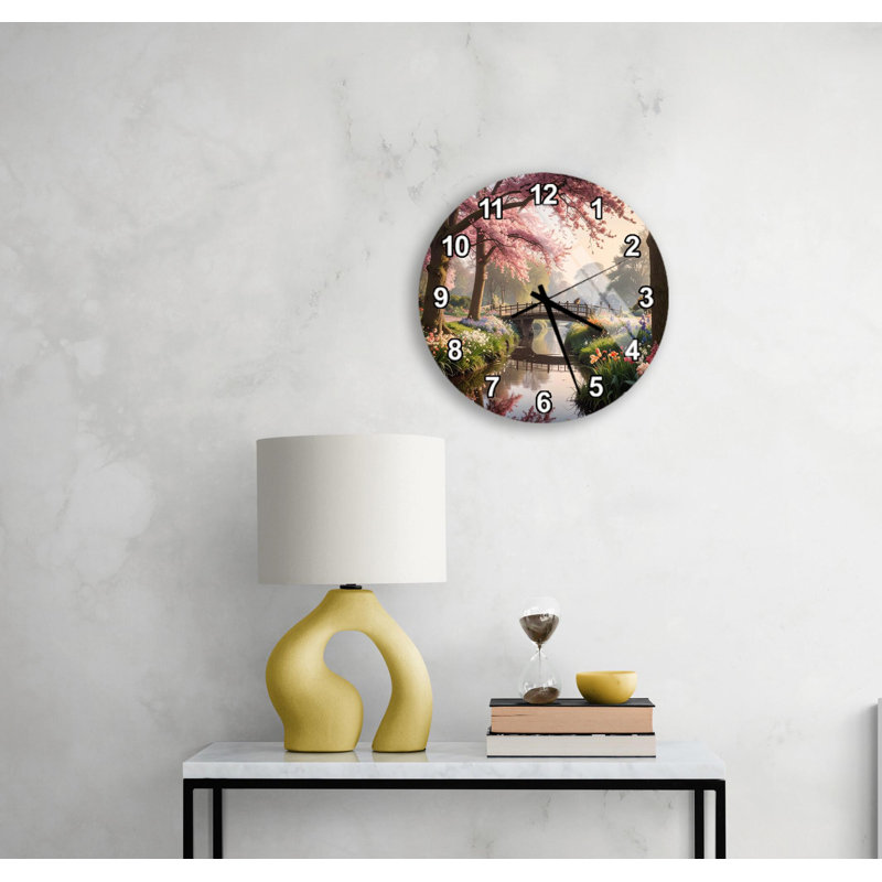 Horloge murale fleur de cerisier - art de printemps en verre trempé, paysage de rivière Sakura rose, chiffre romain, décoration de maison, cadeau de pendaison de crémaillère
