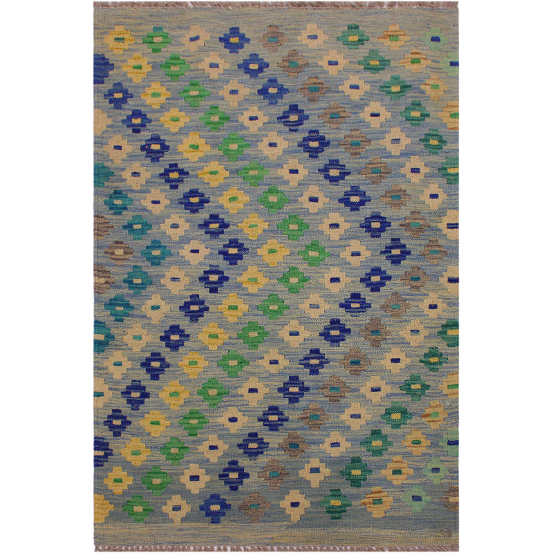 Madee Chevron Handmade Rectangle 2'8" x 4'1" Wool Area Rug in Light Blue/Ivory/Yellow
