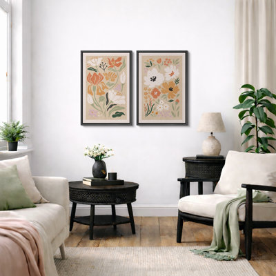 Abstract Botanical "Vibrant Orange & Green Boho Floral Artwork, Modern French Country Wall Pictures, Framed Canvas Giclee Print 2 Pieces Wall Art Set"