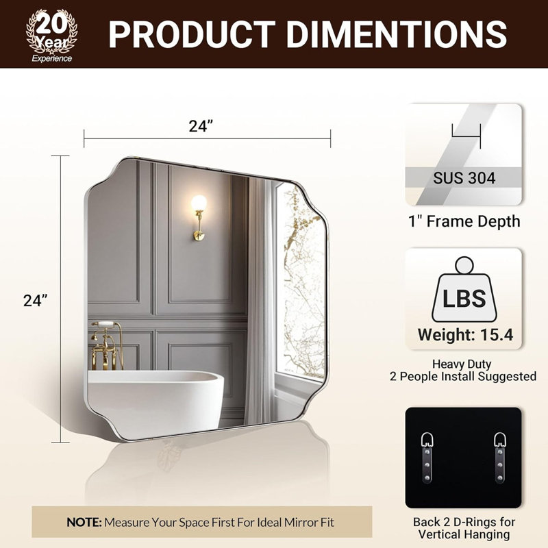 Miroir de salle de bain Modern Cadre en acier inoxydable, Chrome poli, 24 po x 24 po