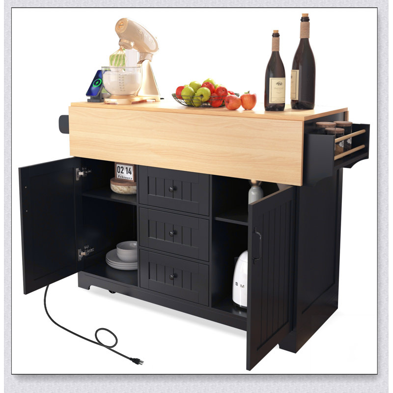 55.7'' Large Kitchen Island with 2 Drop Leaf, Rolling Cart on 5 Wheels, Power Outlet, and Spacious Storage for Dining and Cooking