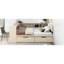 Lit double en bois avec tête de lit tapissier de couleur crème, tablettes de rangement et plateforme de chargement