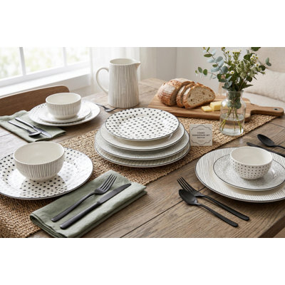 Sketch 12-Piece Porcelain Dinnerware Set, Service for 4, Black and White Modern Mix and Match Kitchen Dishes
