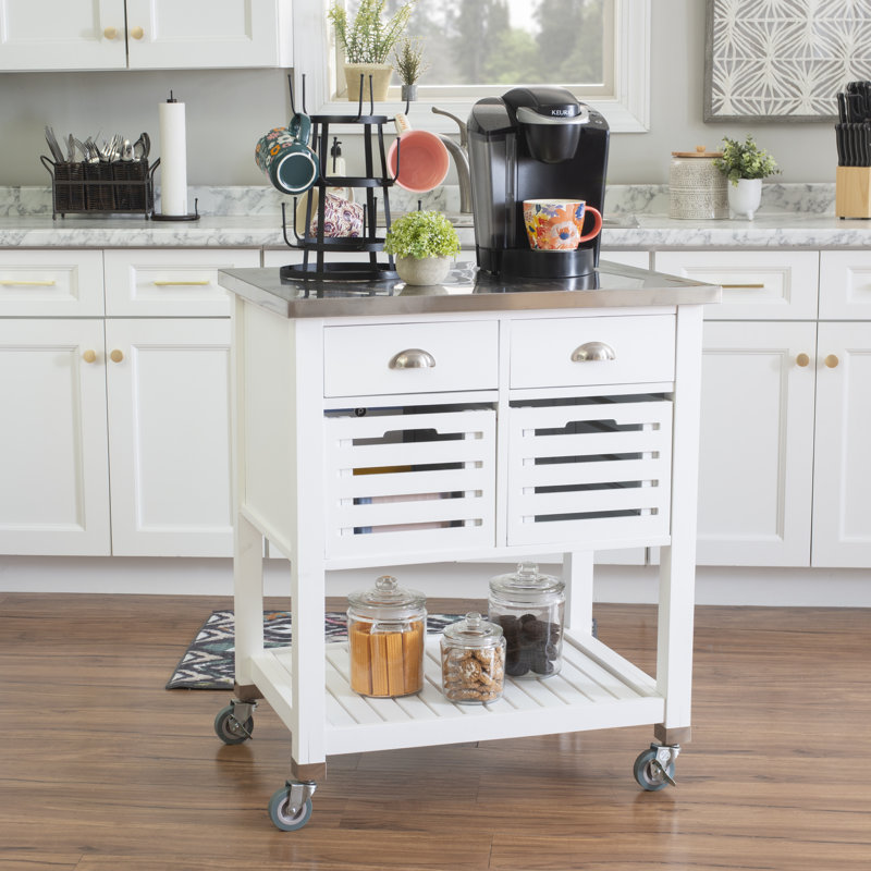 Fisnike 30" Stainless Steel Top 2-Drawer Kitchen Cart With Storage Bins, White