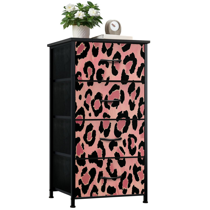 Commode pour la chambre à coucher avec 4 tiroirs de rangement à imprimé léopard rose et rose