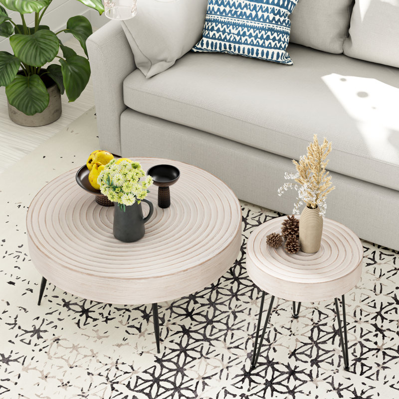 Kawan 2-Piece Modern Farmhouse Living Room Coffee Table Set, Round Nesting Tables, White
