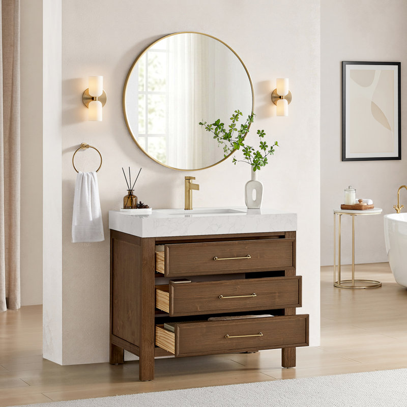 Meuble-lavabo simple Frederica de 91 cm (36 po) en brun vieilli épicéa avec comptoir en pierre composite et miroir, Blanc, Or