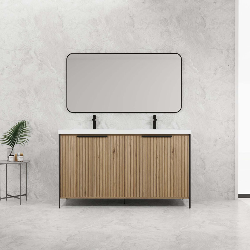 Meuble-lavabo autoportant de 60 po avec double lavabo en résine et 4 portes d'armoire à fermeture en douceur