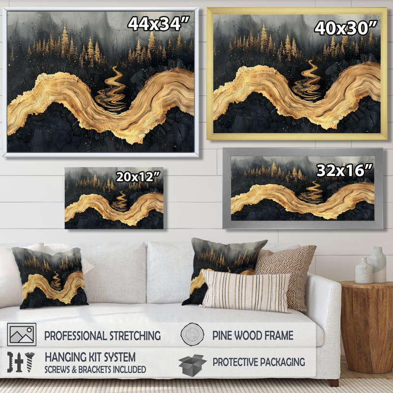 Forêt forêt de cristal onyx noir I - forêt, art mural, H 30 po x l 40 po, Cadre simple, Doré