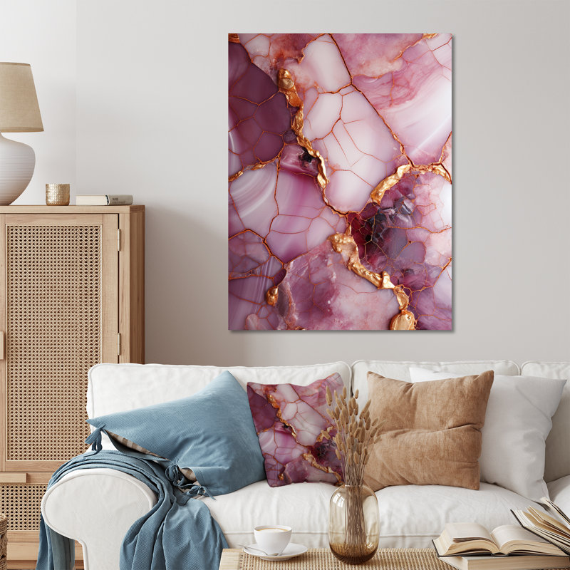 «Pink and Gold Marble River IV», reproduction d'art murale abstraite en métal, H 32 po x l 16 po x P 1 po