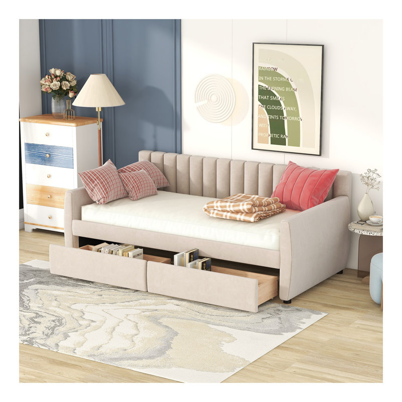 Twin Size Upholstered daybed with Drawers, Ileah Slat Support, Beige